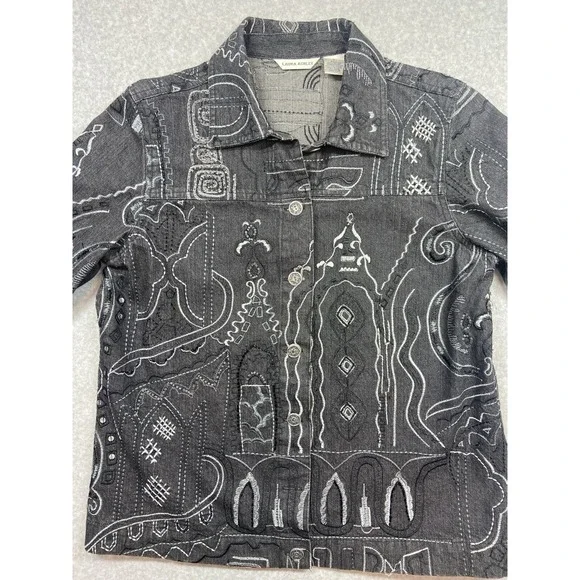 Laura Ashley Button Front Shirt Womens Medium Black Gray Abstract Embroidered Lo - Picture 2 of 8